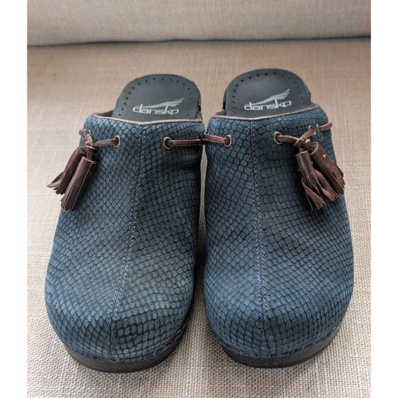 Dansko Shannon Clogs Mules Size 38 US 7.5-8 Tassels Blue Snake Suede Leather - Picture 2 of 9